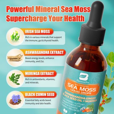 2PACK Sea Moss Drops - Irish Sea Moss Liquid with Black Seed Oil, Ashwagandha, Moringa, Chlorophyll, Turmeric, Elderberry, Mullein Seamoss Gel Supplement for Lung Cleaner, Detox Gut, Immune Support