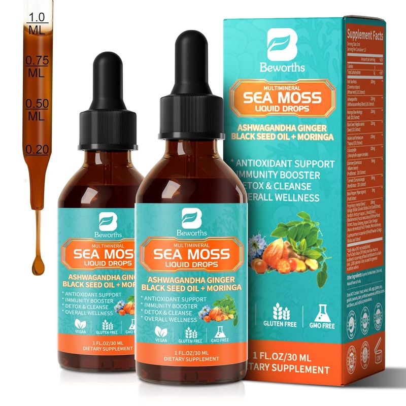 2PACK Sea Moss Drops - Irish Sea Moss Liquid with Black Seed Oil, Ashwagandha, Moringa, Chlorophyll, Turmeric, Elderberry, Mullein Seamoss Gel Supplement for Lung Cleaner, Detox Gut, Immune Support