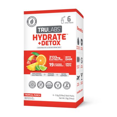 TRULABS Hydrate Detox Tropical Punch 6ct. Sugar Free Electrolytes Hydration Packets. Each Serving Contains 1422 mg of Electrolytes 19 Vitamins Minerals DHM.