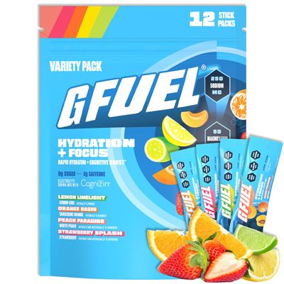 G Fuel Electrolytes Powder for Instant Hydration and Focus, Sugar Free Electrolytes Variety Pack of Lemon, Orange, Peach, Strawberry Flavors, Nootropic Drink Mixes To Sharpen Mental Focus, 12 Servings