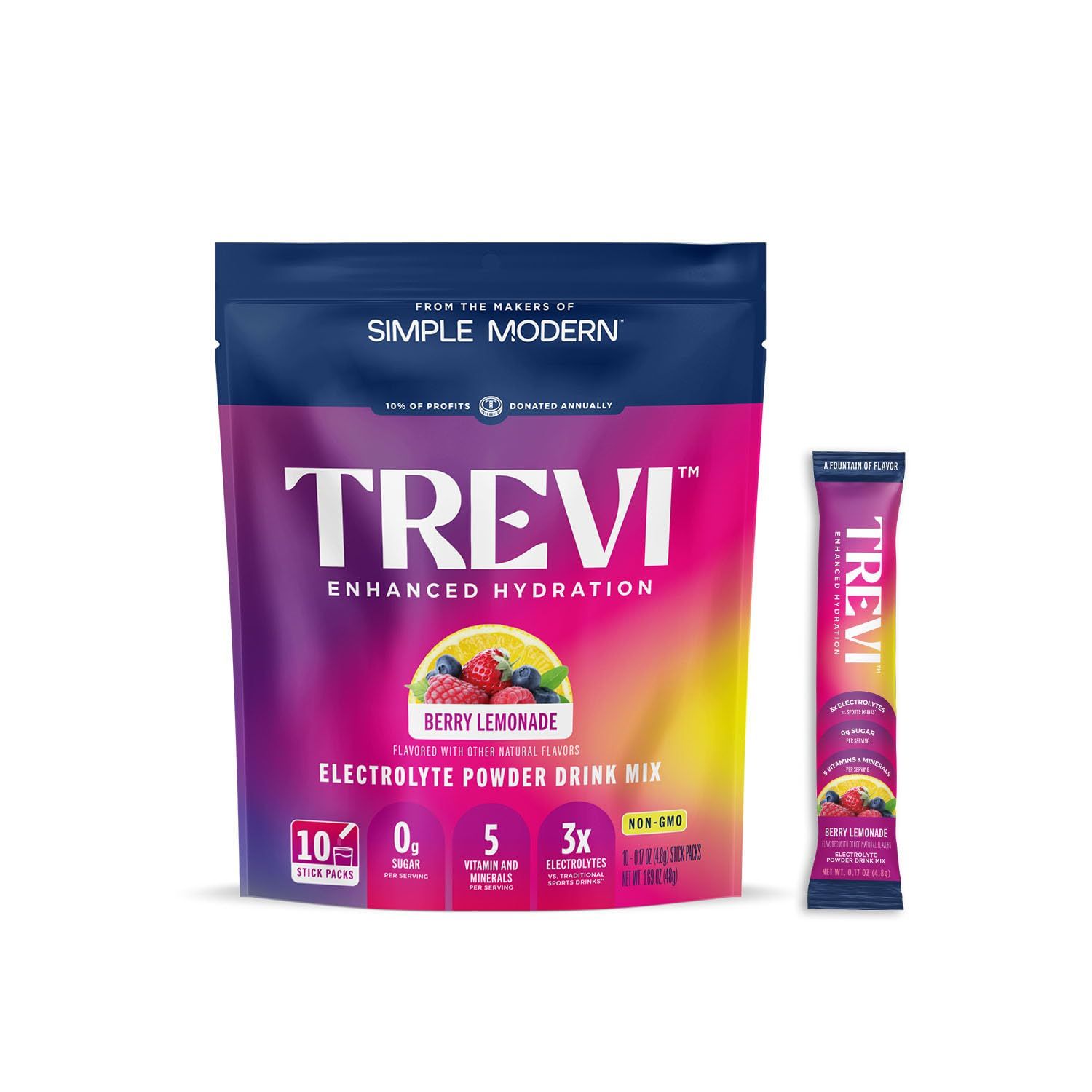 TREVI Sugar Free Electrolytes - Drink Mix Hydration Powder Packets - 10 Count - Berry Lemonade