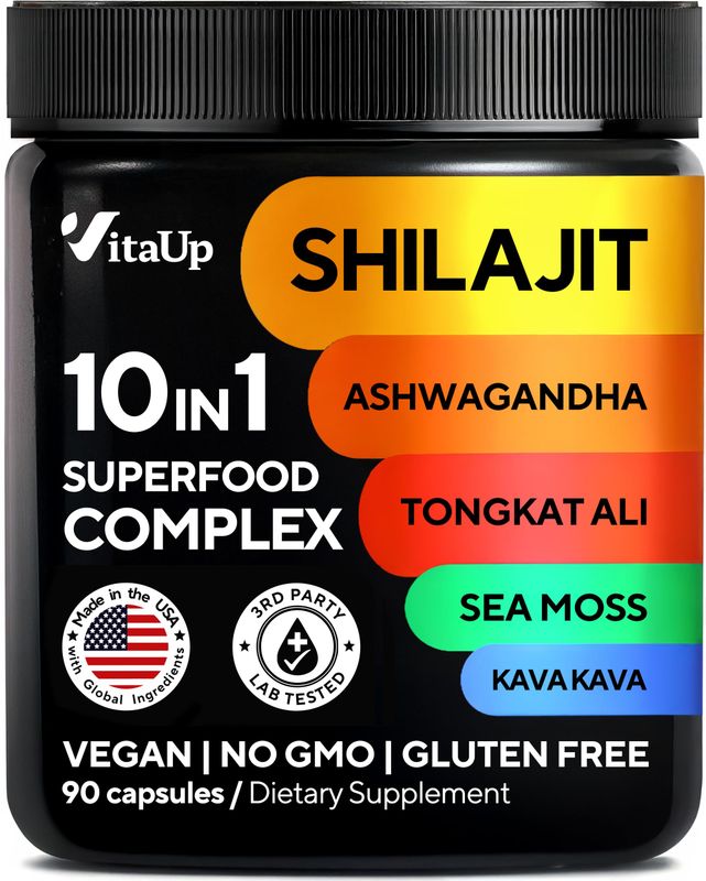 VitaUp Shilajit Capsules 10 in 1 with Kava Kava - USA Made Himalayan Shilajit for Men with Tongkat Ali, Ashwagandha, Kava Kava for Energy Immunity Support - 90 Count