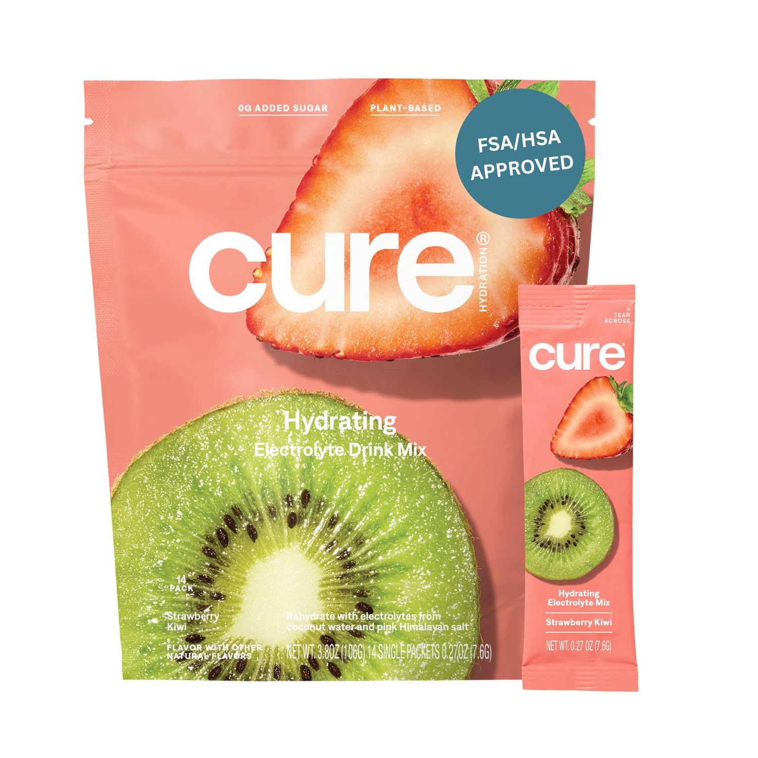 Cure Hydration Plant-Based Electrolyte Drink Mix No Added Sugar FSA HSA Dehydration Relief Powder Made with Coconut Water Non-GMO Vegan Pouch of 14 Packets - Strawberry Kiwi