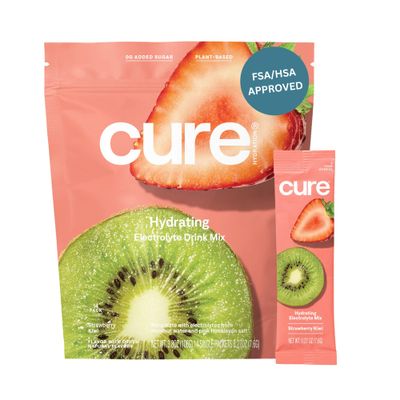 Cure Hydration Plant-Based Electrolyte Drink Mix No Added Sugar FSA HSA Dehydration Relief Powder Made with Coconut Water Non-GMO Vegan Pouch of 14 Packets - Strawberry Kiwi