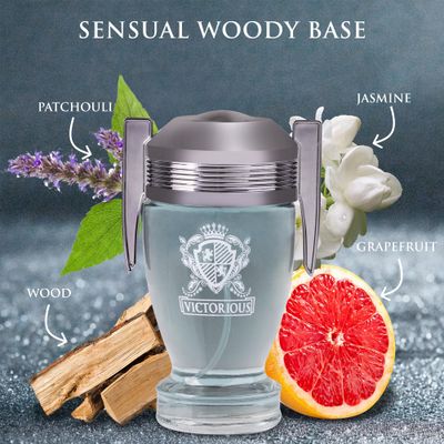 Victorious for Men Eau De Toilette - Woody Aquatic Fragrance - Aromatic Bay Leaf Jasmine Woody Base of Guaiac Wood, Patchouli, Oak Ambergris - Fresh Sporty Composition - 100ml Spray Bottle