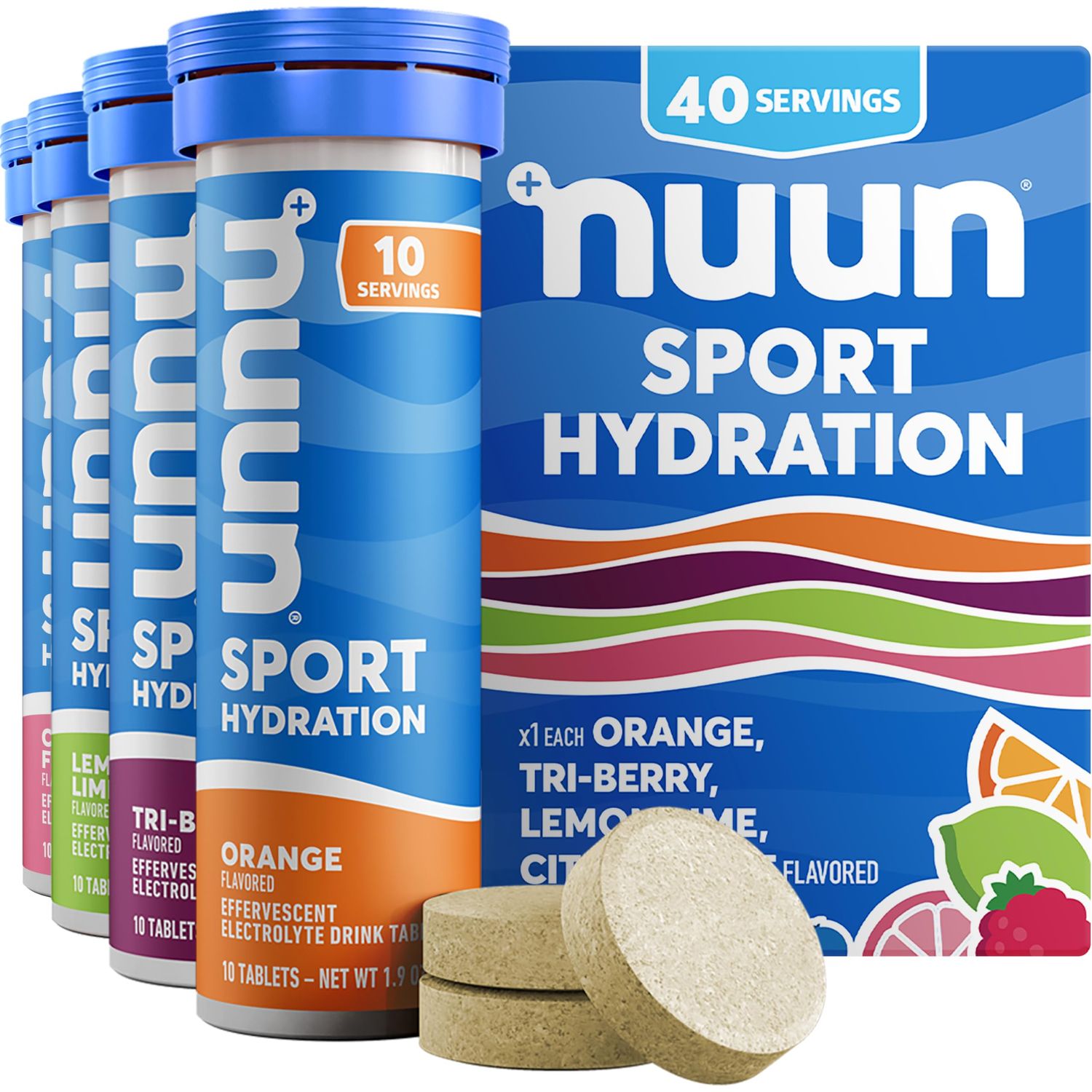 Nuun Sport Electrolyte Tablets with Magnesium, Calcium, Potassium, Chloride Sodium, Gluten Free Vegan, Mixed Flavors, 4 Pack (40 Servings Total)