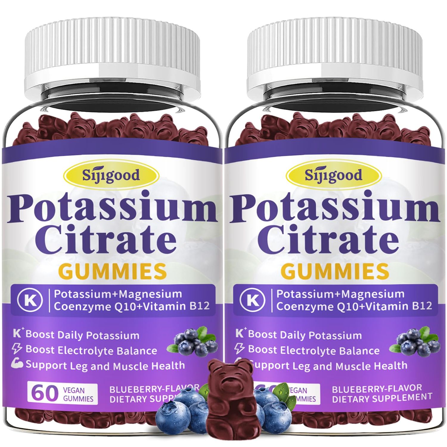 2 Pack Potassium Citrate Gummies, Potassium Supplement for Muscle Health, Leg Cramp Relief Electrolyte Balance, Vegan, Non-GMO, Gluten-Free, Blueberry Flavor, 120 Count