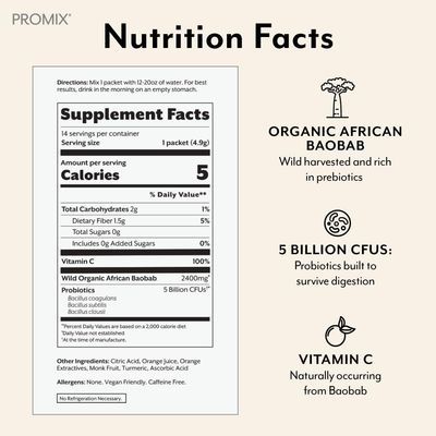 Promix Debloat Prebiotics and Probiotics with Baobab - Rich in Vitamin C, Bloating Relief, Immune Support - Orange - 30 Count