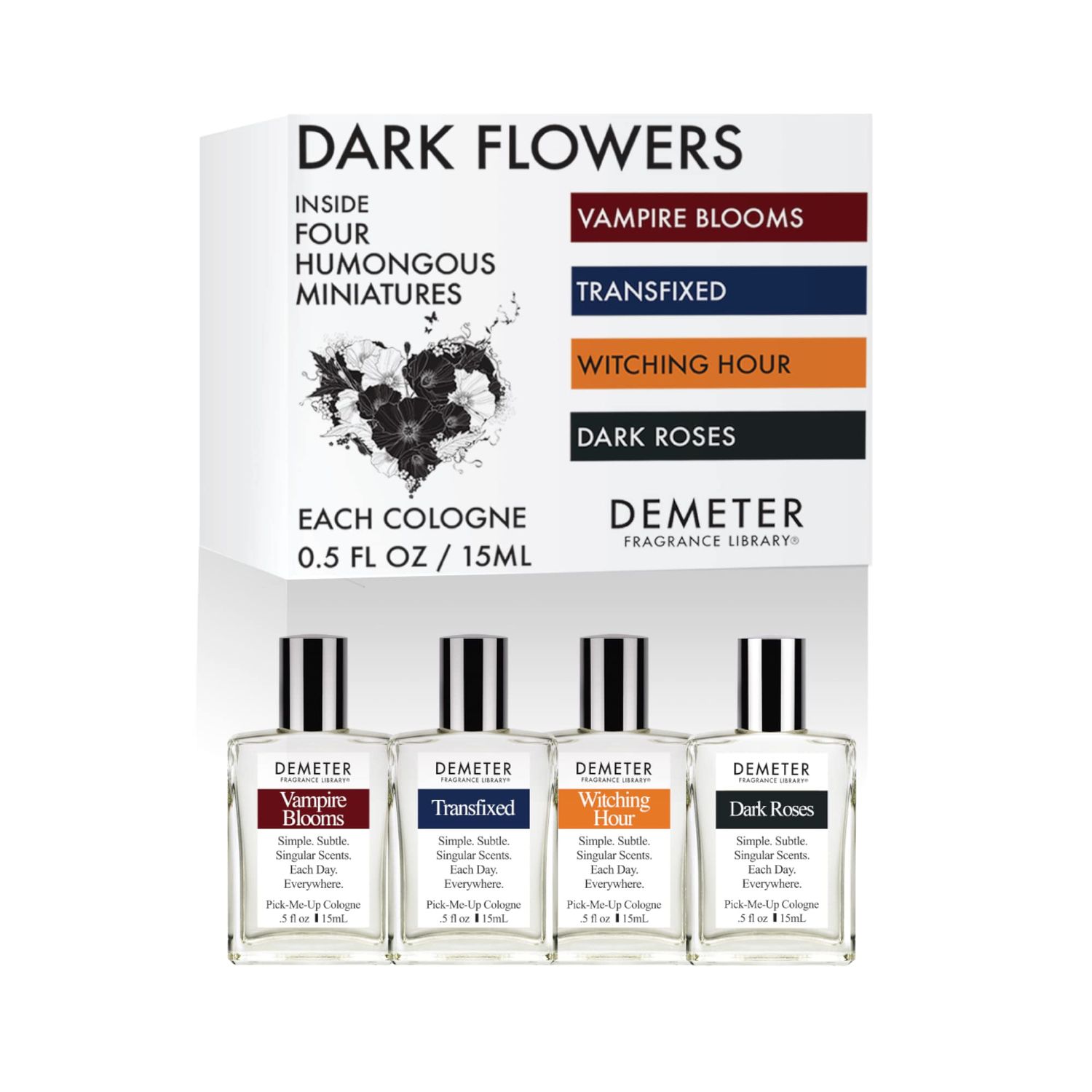 DEMETER Fragrance&#39;s Dark Flowers Humongous Miniature Set of 4 - Witching Hour - Dark Roses - Vampire Blooms - Transfixed - Perfume Sampler Set for Women