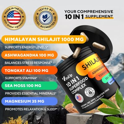 VitaUp Shilajit Capsules 10 in 1 with Kava Kava - USA Made Himalayan Shilajit for Men with Tongkat Ali, Ashwagandha, Kava Kava for Energy Immunity Support - 90 Count