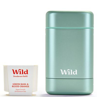 Wild - Refillable Deodorant Starter Kit with Aqua Case and Lemon Basil Blood Orange Scented Refill 1.4oz - Aluminum Free - Long Lasting Protection - Vegan