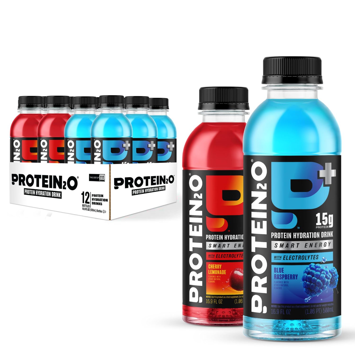 Protein2o 15g Whey Protein Isolate Hydration Drink Plus Energy Focus, 350mg of Electrolytes, Vitamins B5 B6, Sugar Free, Energy Variety Pack, 16.9 oz Bottle (Pack of 12)