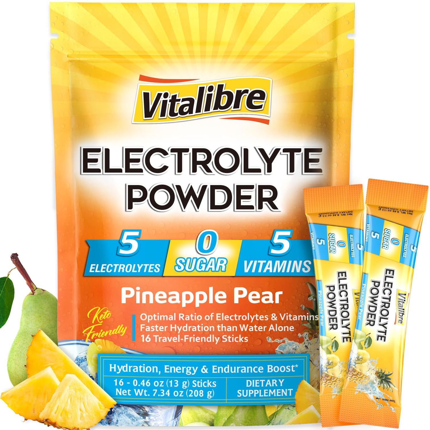 Vitalibre Electrolytes Powder Packets Magnesium, Potassium, Sodium, Vitamin C for Rapid Hydration Zero Sugar Keto 16 Stick Packs Pineapple Pear Flavor