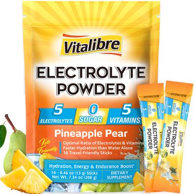 Vitalibre Electrolytes Powder Packets Magnesium, Potassium, Sodium, Vitamin C for Rapid Hydration Zero Sugar Keto 16 Stick Packs Pineapple Pear Flavor
