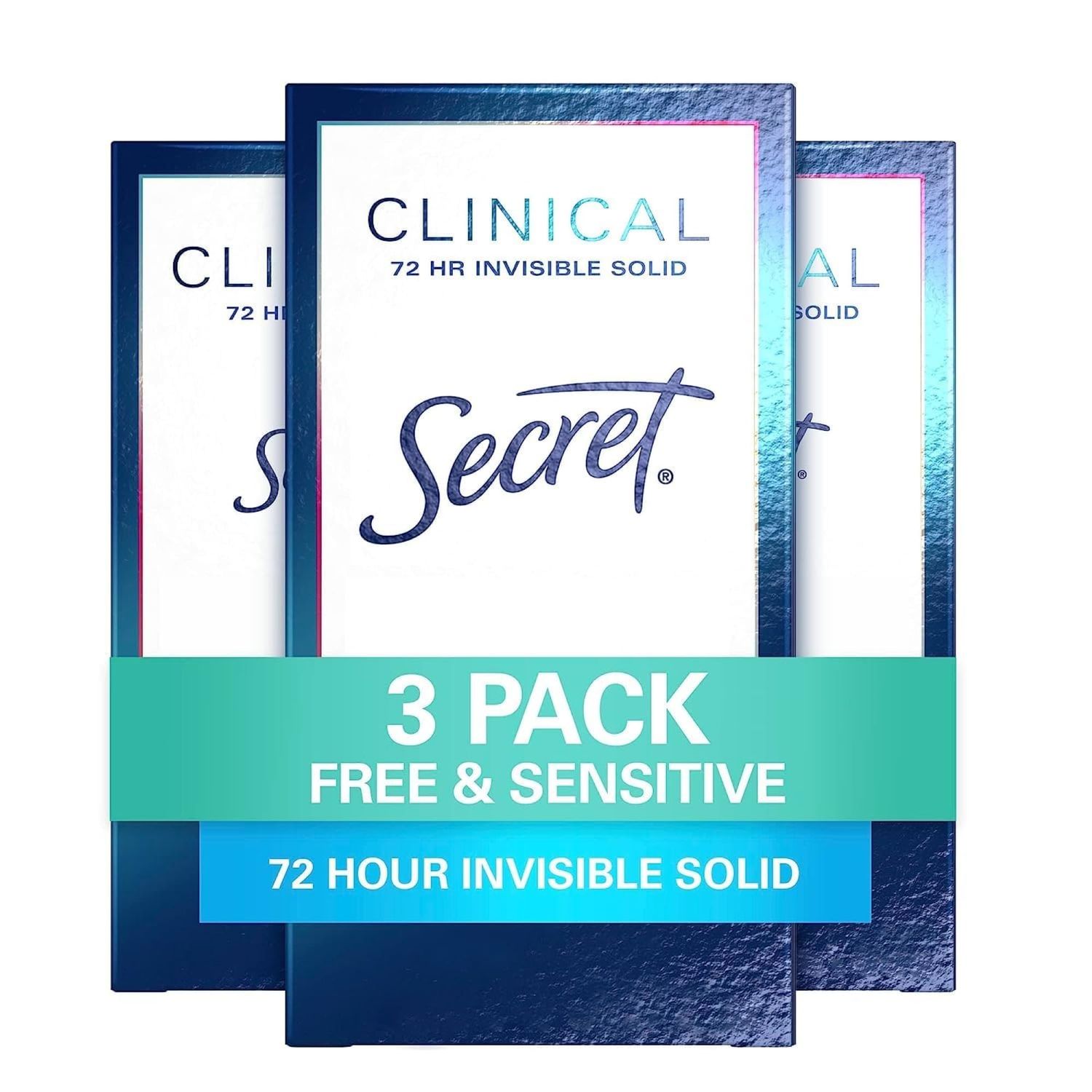 Secret Clinical Strength Antiperspirant Deodorant for Women, Free Sensitive, 3X Stress Protection, 72hr Sweat Odor Protection, PH Balancing Minerals, Invisible Solid, Unscented, 1.6 oz (Pack of 3)