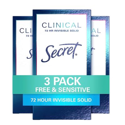 Secret Clinical Strength Antiperspirant Deodorant for Women, Free Sensitive, 3X Stress Protection, 72hr Sweat Odor Protection, PH Balancing Minerals, Invisible Solid, Unscented, 1.6 oz (Pack of 3)