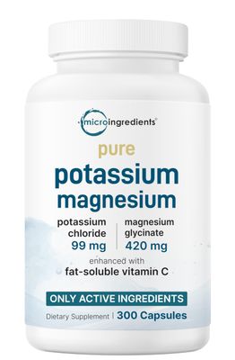 Pure Potassium Magnesium Supplement 300 Capsules with High Absorption Fat-Soluble Vitamin C Chloride Glycinate Mineral Electrolyte Complex Only Active Ingredients Filler Free