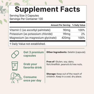 Pure Potassium Magnesium Supplement 300 Capsules with High Absorption Fat-Soluble Vitamin C Chloride Glycinate Mineral Electrolyte Complex Only Active Ingredients Filler Free