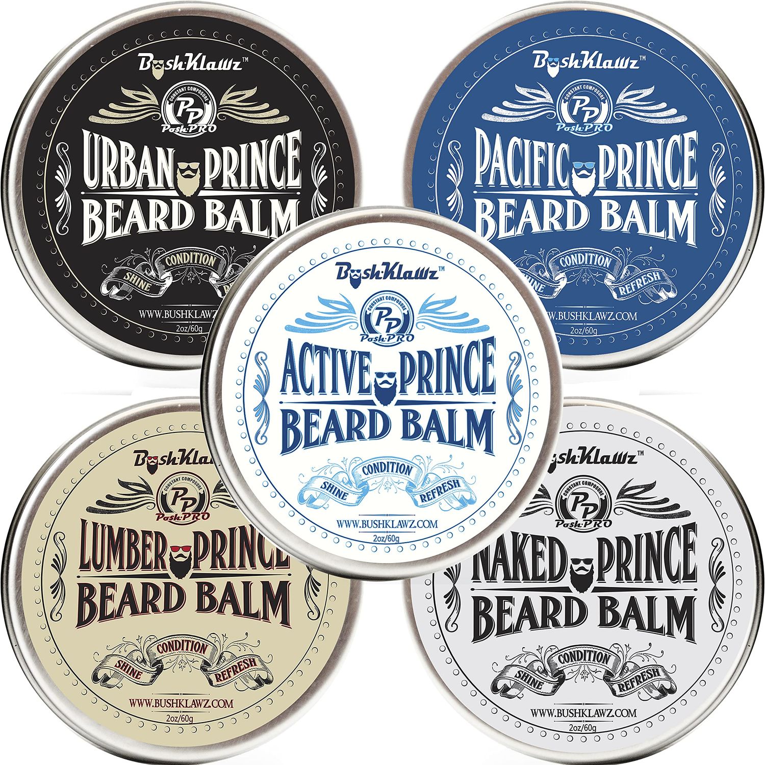 BushKlawz Beard Balm and Leave-in Conditioner, 5 Full Size 2.0 oz Balms - Urban, Lumber, Pacific, Naked Prince Fragrance Free, Premium Line, Great Gift for Christmas, Father's Day