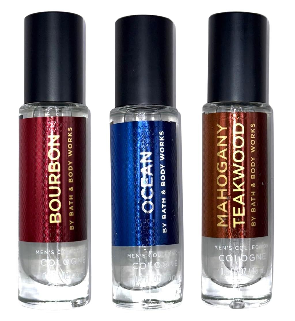 Mini Cologne Set for Men by Bath Body Works - Mahgany Teakwood, Ocean, and Bourbon - 0.5 fl oz 15 mL each