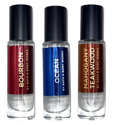Mini Cologne Set for Men by Bath Body Works - Mahgany Teakwood, Ocean, and Bourbon - 0.5 fl oz 15 mL each