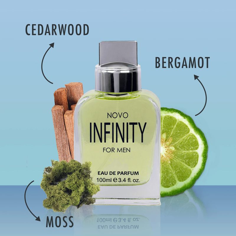 Novo Infinity for Men - 3.4 Fluid Ounce Eau De Parfum Spray for Men - Refreshing Citrusy Floral Top Notes with Subtle Woody Undertones Smell Fresh All Day Long Gift for Men for All Occasions
