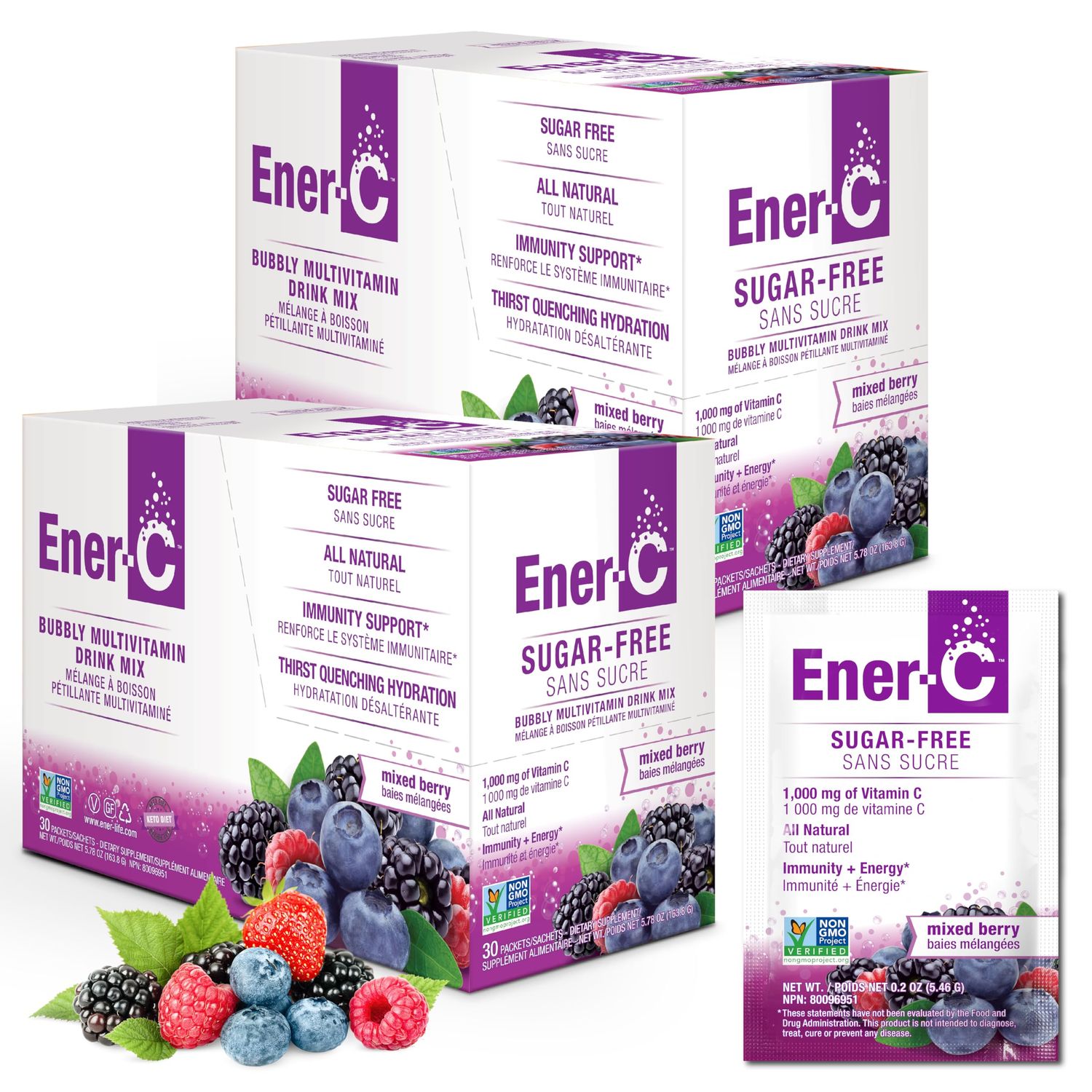 Ener-C Sugar Free Multivitamin Drink Mix - Vitamin Powder for Water, Electrolytes Powder No Sugar, Hydration Boost Packets, Zero Sugar, Vitamin C B12 Supplement Liquid Mix - Mixed Berry, 60 Count