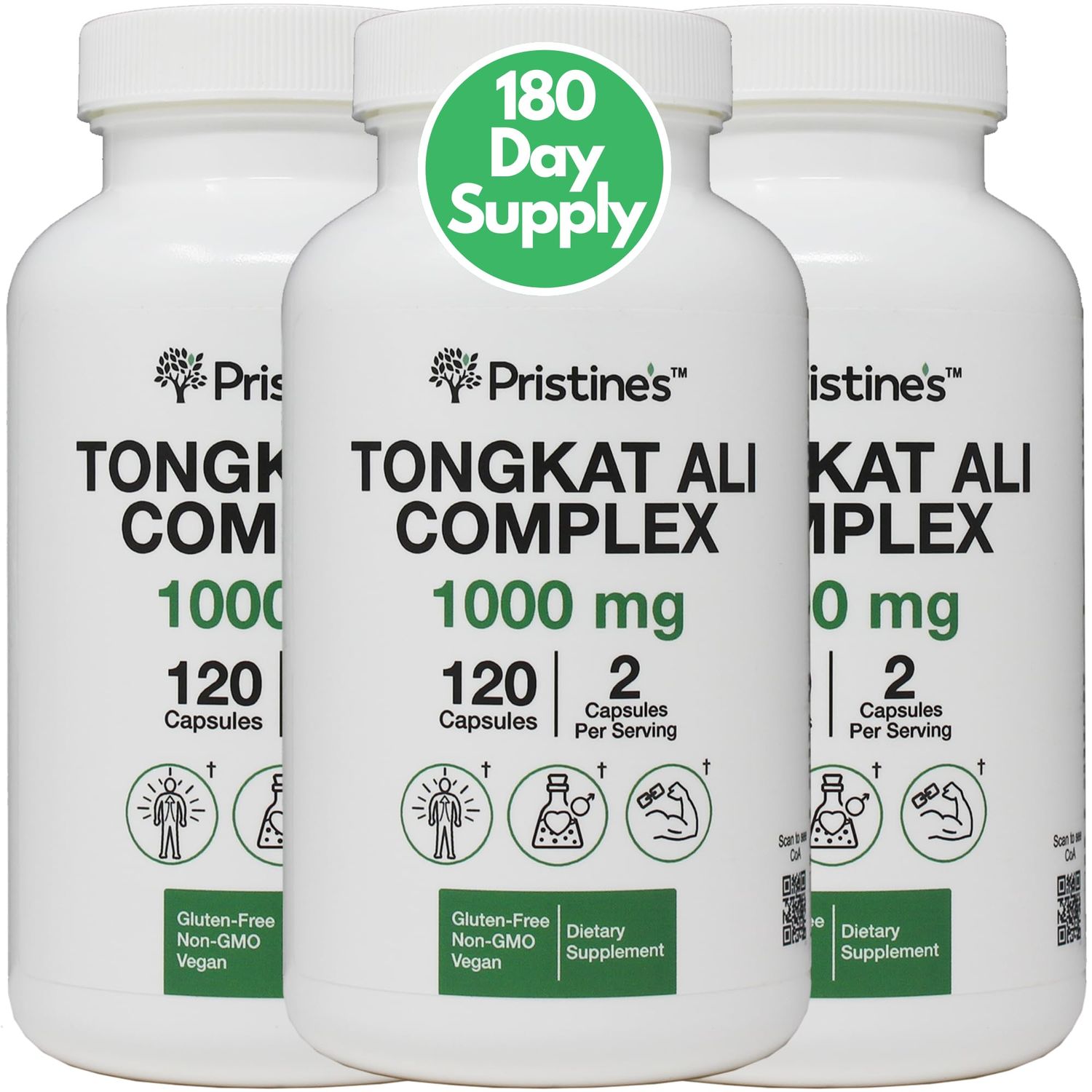 PRISTINE&#39;S Tongkat Ali 1000mg 180 Day Supply (3 Pack) - Athletic Performance Support - Lean Mass Muscle Building Herbal Supplement for Men Women - Vegan, Gluten Free, Non GMO