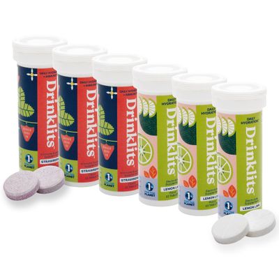 Drinklits Lemon Lime Electrolyte Hydration Strawberry Immunity Tablets (6) Tube Combo Pack Great Taste - Gluten Free - Daily Use 60 Servings (10 Tablets Per Tube)