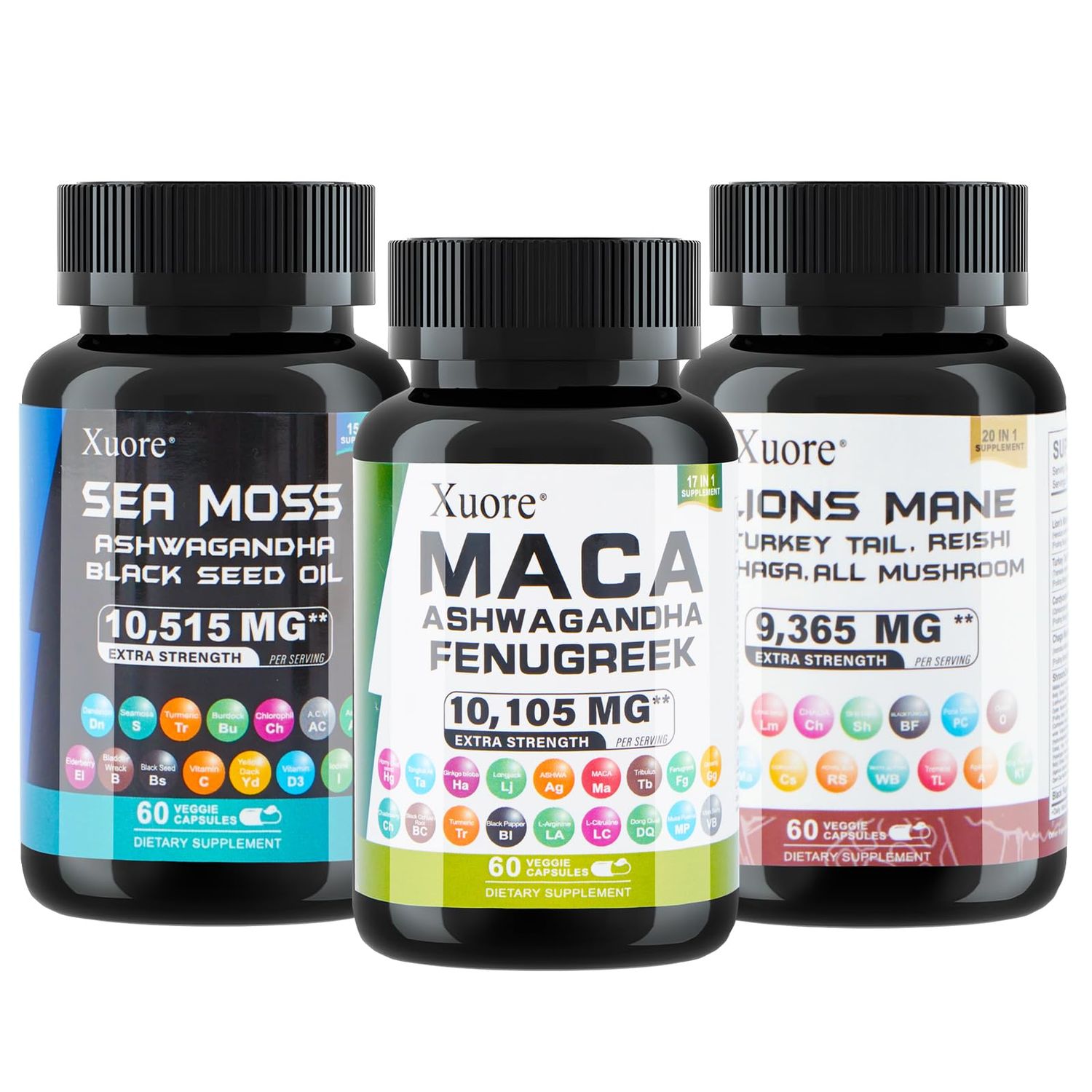 Xuore Bundle of Sea Moss,Maca,Lions Mane, Black Seed Oil, Ashwagandha, Ginger Rhodiola Rosea, Panax Ginseng, Turkey Tail, Reishi, Cordyceps, Chaga All in 1 Supplements (1 Pack)
