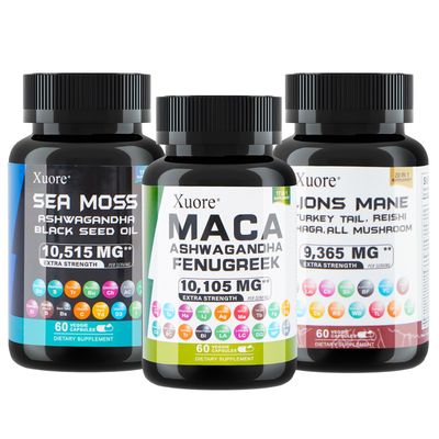 Xuore Bundle of Sea Moss,Maca,Lions Mane, Black Seed Oil, Ashwagandha, Ginger Rhodiola Rosea, Panax Ginseng, Turkey Tail, Reishi, Cordyceps, Chaga All in 1 Supplements (1 Pack)