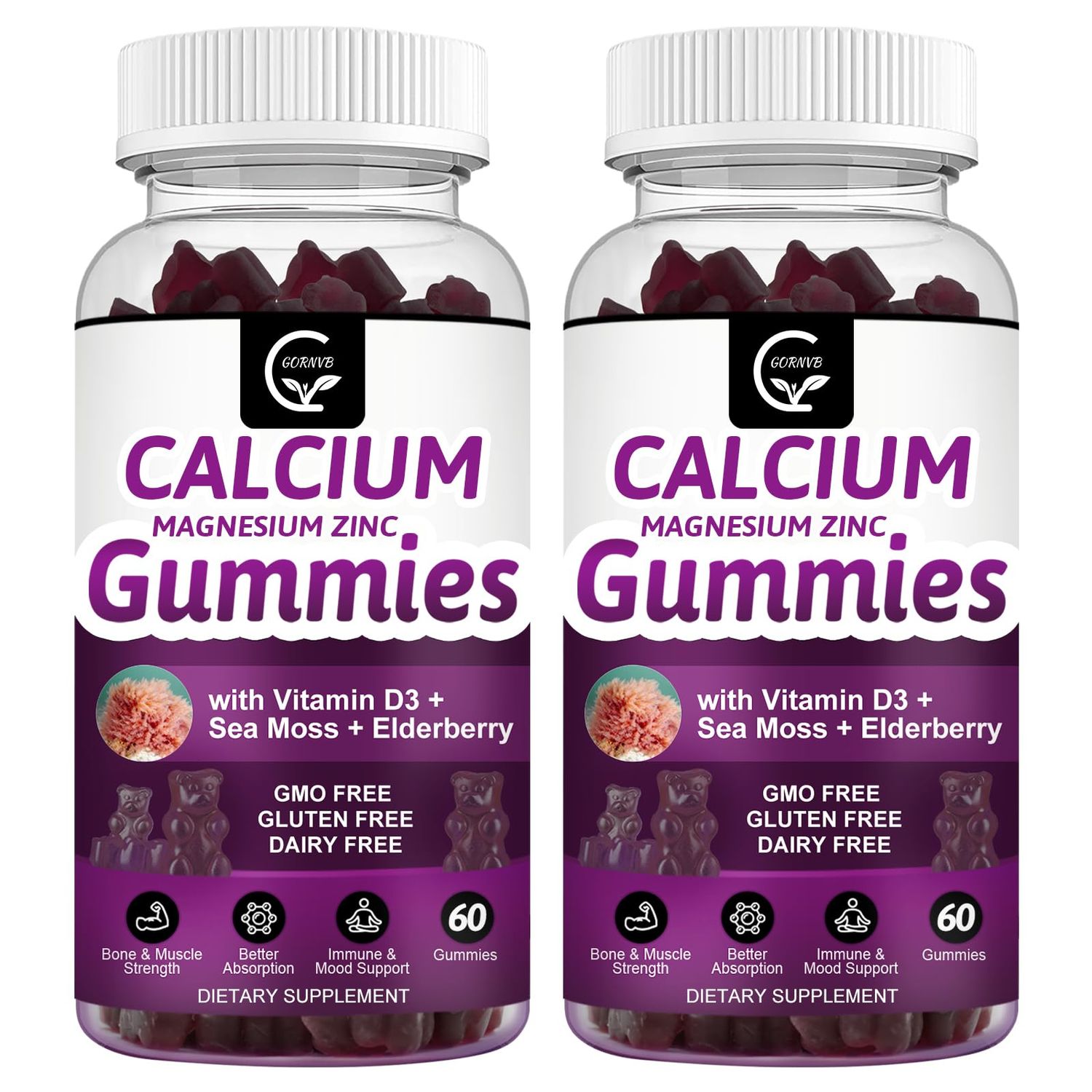 Calcium Magnesium Zinc Gummies with High Absorption Magnesium Glycinate Potassium - Plant Complex Calcium Magnesium 21 Ratio, with D3 Sea Moss for Bone, Muscles, Immune Sleep Support, Vegan-2 Pack