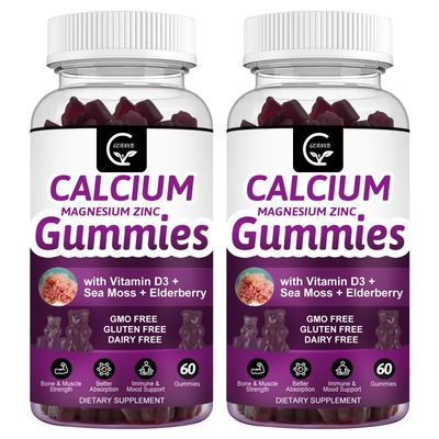 Calcium Magnesium Zinc Gummies with High Absorption Magnesium Glycinate Potassium - Plant Complex Calcium Magnesium 21 Ratio, with D3 Sea Moss for Bone, Muscles, Immune Sleep Support, Vegan-2 Pack