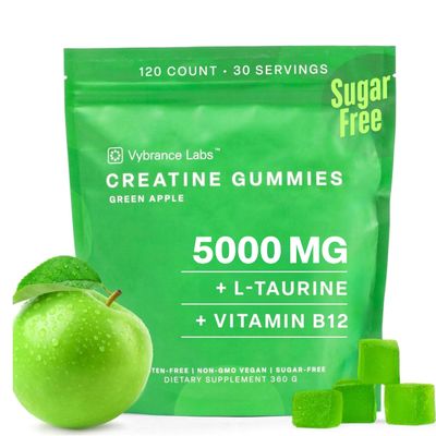 VYBRANCE LABS Creatine Monohydrate Gummies for Women Men - 5g Creatine with Taurine B12 for Energy, Muscle Focus Vegan, Sugar Free, Gluten-Free Creatine Monohydrate 120 ct Green Apple