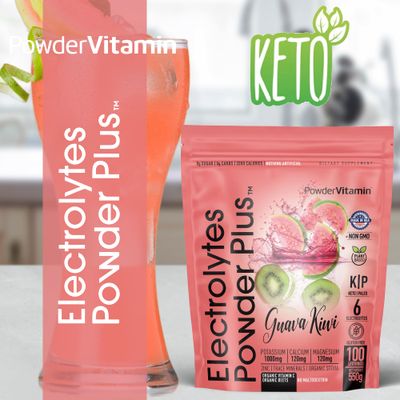 PowderVitamin Electrolytes Powder Plus (100 Servings) Guava Kiwi Electrolyte Powder, Zero Calorie, Keto, 0 Sugar, No Maltodextrin, 1000mg Potassium, 120mg Calcium, 120mg Magnesium, Hydration Powder