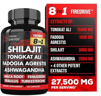 Shilajit 3000mg Tongkat Ali 15,000mg Fadogia Agrestis 1000mg Maca Root 2000mg Ashwagandha 4000mg Fenugreek 1500mg Tribulus Terrestris 500mg Turkesterone 500mg, 8-in-1 Supplement Blend for Men