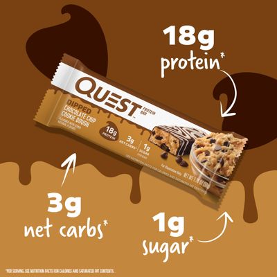Quest Nutrition Dipped Chocolate Chip Cookie Dough Protein Bars, 18g Protein, 3g Net Carbs, Gluten Free, 1.76 Oz, 4 Count