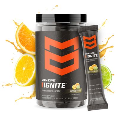 MTN OPS Ignite Trails Packs Energy Drink Powder Gluten Free Nitric Oxide Supplement Drink Mix L Arginine, L Citrulline, Caffeine Nootropic Sugar Free Drink Mix 20 Servings, Citrus Bliss