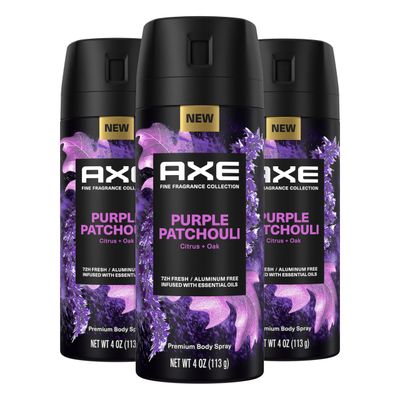 AXE Fine Fragrance Collection Premium Body Spray Purple Patchouli with Citrus Oak Essential Oils 3 Count with 72H Odor Protection Aluminum-Free 4 oz
