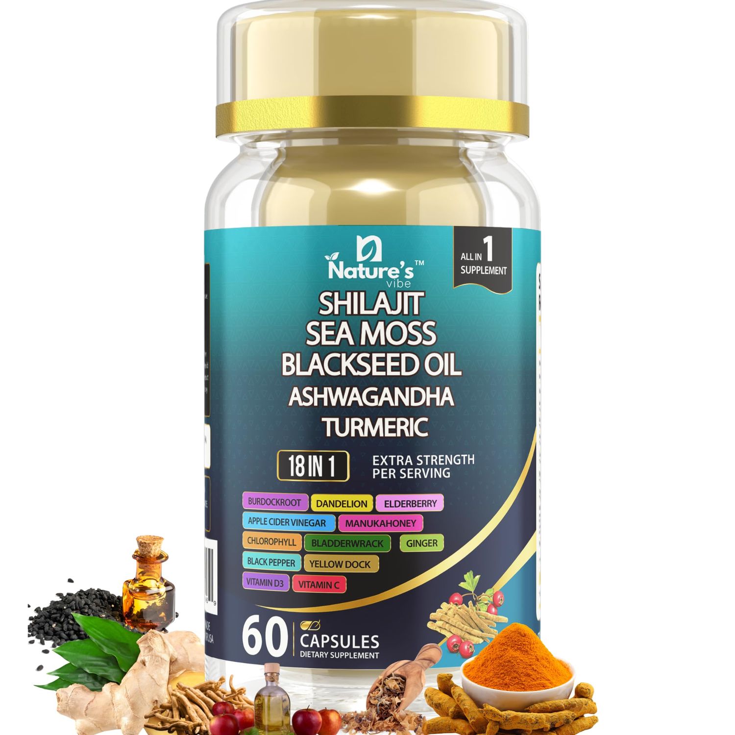 Nature&#39;s Vibe 18 in 1 Sea Moss 7000 mg,Shilajit 400 mg,Black Seed Oil 4000 mg,Ashwagandha 2000 mg, Turmeric,Bladderwrack,Burdock 2000 mg Each,Vitamin C D3,Elderberry,Multimineral Blend -60 Caps