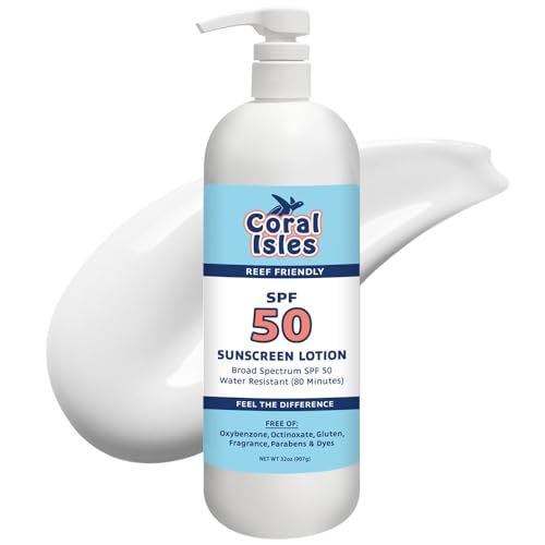Coral Isles Sunscreen SPF 50 Hawaii Compliant as Reef Safe Octinoxate Oxybenzone Free Broad Spectrum UVAUVB Protection Water Resistant 80 Min. Fragrance Free 32 Fl Oz Quart wPump