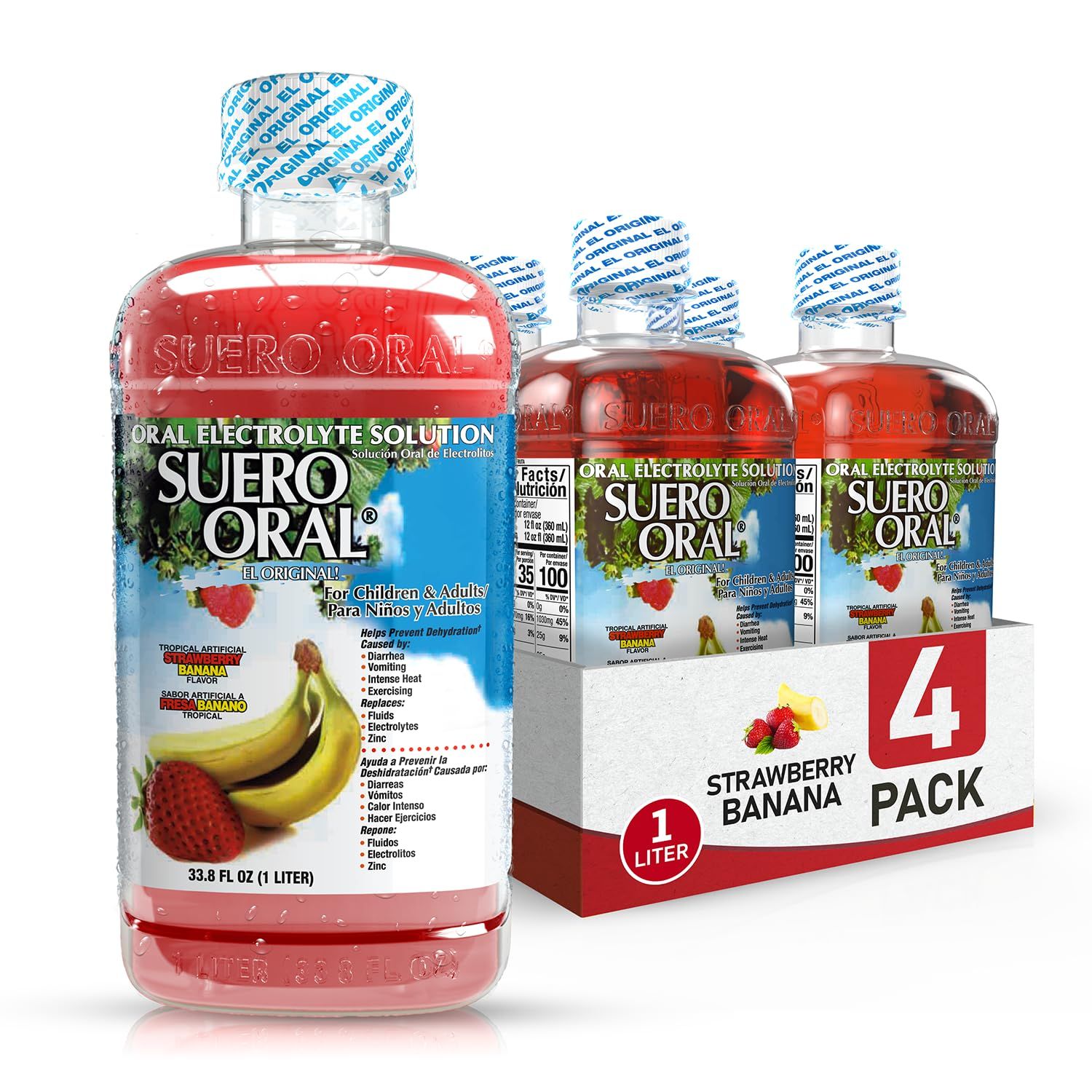 Suero Oral Electrolyte Solution - Electrolytes Drink, Hydration Booster Rehydration Drink for Kids Adults, Hydrates, Replenishes, Energizes, Strawberry Banana Flavor, 1 Liter (4 Pack)