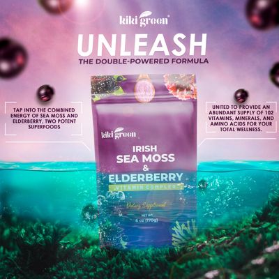 KIKI Green Sea Moss Powder with Elderberry - Vegan Superfood Multivitamin Blend - for Immune Boost and Support - Add to Smoothies, Juice, 6 oz