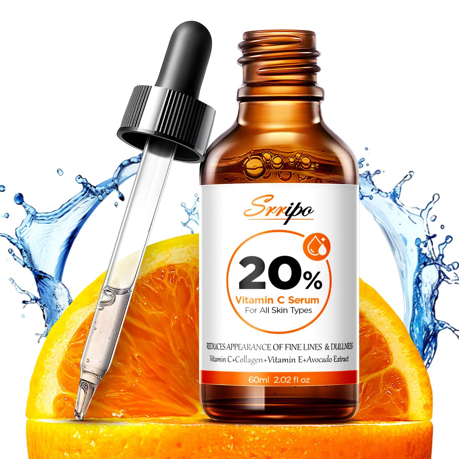Pure Natural Skin Brightening Anti Aging 20 Vitamin C Serum, Collagen Peptide Infused Face Serum for Deep Hydration, All-in-One Serum with Niacinamide, Retinol, Hyaluronic Acid, 2.02 Fl Oz