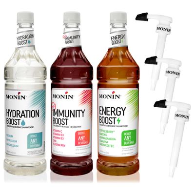 Monin - Vitality Boost Variety Pack, Wellness Concentrates (Energy wCaffeine, Hydration wElectrolytes Immunity Boost wVitamins, 1 Liter Each, Plastic, (3-Pack 3 Pumps)