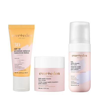 Evereden Daily 1-2-3 Routine Bundle Clean Vegan Skin Care Set for Kids - Hydrating Nourishing Tween Skincare Set with Multi-Vitamin Face Wash, Face Cream, Lotion, SPF 30 Mineral Sunscreen