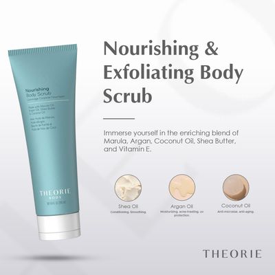 Theorie Nourishing and Exfoliating Body Scrub - Made with Marula, Argan, Coconut Oil, Shea Butter Vitamin E, Amber Rose Fragrance. Eco-Friendly Pumice, Vegan, Gluten Free, Cruelty Free 200mL Tube