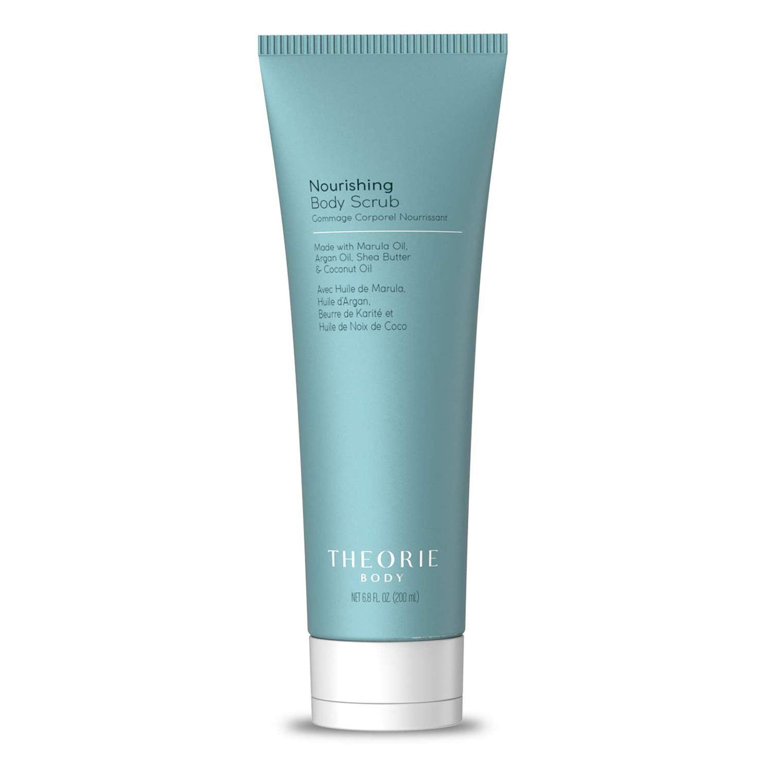 Theorie Nourishing and Exfoliating Body Scrub - Made with Marula, Argan, Coconut Oil, Shea Butter Vitamin E, Amber Rose Fragrance. Eco-Friendly Pumice, Vegan, Gluten Free, Cruelty Free 200mL Tube