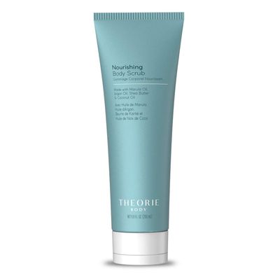 Theorie Nourishing and Exfoliating Body Scrub - Made with Marula, Argan, Coconut Oil, Shea Butter Vitamin E, Amber Rose Fragrance. Eco-Friendly Pumice, Vegan, Gluten Free, Cruelty Free 200mL Tube