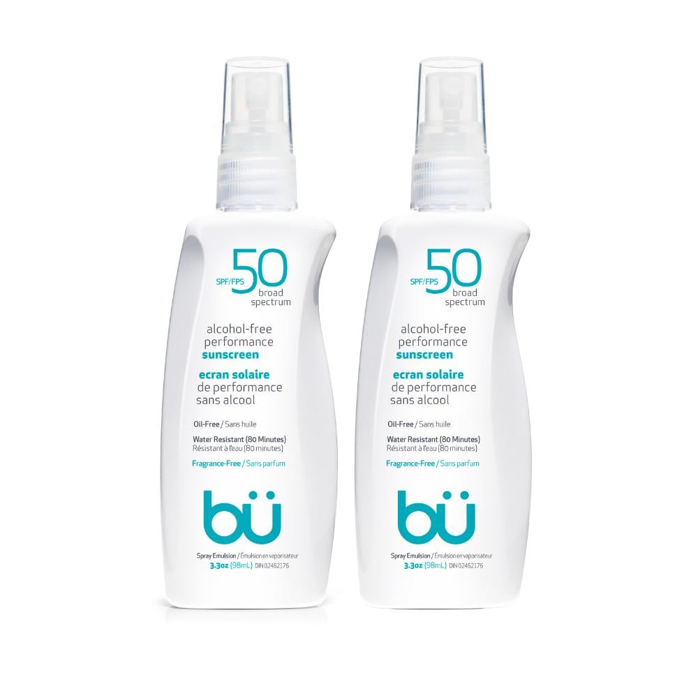 BU SPF 50 Sunscreen Spray for Face and Body, Fragrance Free Bundle, Clear, Non Greasy, Water Resistant, Sensitive Skin, 3.3 oz (2 Pack)